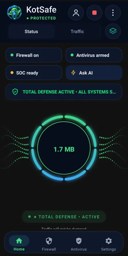 KotSafe home screen showing total defense active